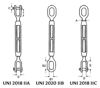 Tenditori (tirante - tenditore) zincati o inox per funi ecc.- modelli vari