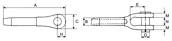 Tipo
Per fune diametro mm. pollici
DIMENSIONI
Peso gr.


A mm.
B mm.
C mm.
D mm.
E mm.
H mm.
M mm.
N mm.


PA&nbsp;6
6
1/4
120
12,6
31,8
17,5
38
18
9,5
17,2
40


PA&nbsp;8
8
5/16
157
19,6
38,1
20,6
44
22
12
21
510


PA&nbsp;10
10
3/8
157
19,6
38,1
20,6
44
22
12
21
490


PA&nbsp;12
12
7/16
197
24,9
47,6
25,4
51
27
14
25
940


PA&nbsp;13
13
1/2
197
24,9
47,6
25,4
51
27
14
25
920


PA&nbsp;15
14&divide;15
9/16
241
31,9
60
30,2
57
35
17
32
2.000


PA&nbsp;16
16
5/8
241
31,9
60
30,2
57
35
17
32
1.930


PA&nbsp;19
18&divide;19
3/4
295
39,2
73
34,9
70
41
20
38
3.600


PA&nbsp;22
22
7/8
341
43,2
79
41,3
83
46
20
44
5.100


PA&nbsp;26
26
1"
393
50
94
51
95
53
22
51
8.000


PA&nbsp;28
28
1"1/8
440
57
103
57
108
59
25
57
11.800


PA&nbsp;32
32
1"1/4
484
64
114
64
121
65
28,6
64
15.800



Coefficiente di sicurezza 5.Se il capocorda viene utilizzato in funzione di struttura, il coefficiente diventa 4.